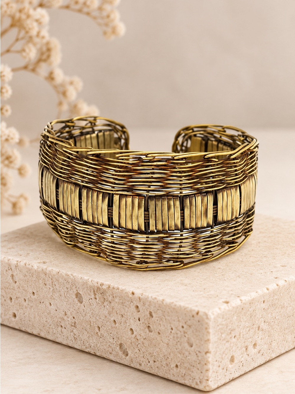 Woven Wire Open Cuff Statement Bracelet Antique Gold Tone
